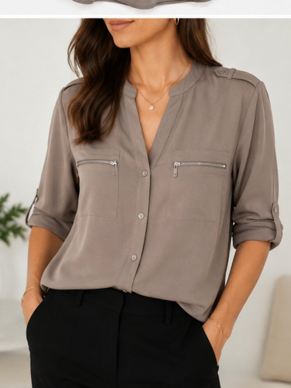 Calvin Klein Taupe Satin Zip Pocket Utility Blouse XL